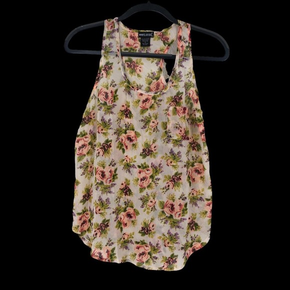 Vtg Wet Seal Sheer Razor Back Tank Yop Pink & Purple Floral Print sz S - Picture 3 of 9